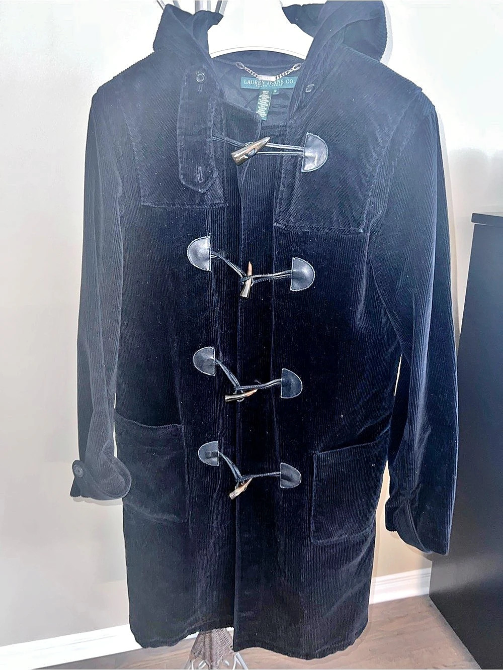 Lauren Jeans Co. Ralph Lauren Black Corduroy Toggle Hooded Coat Size Medium